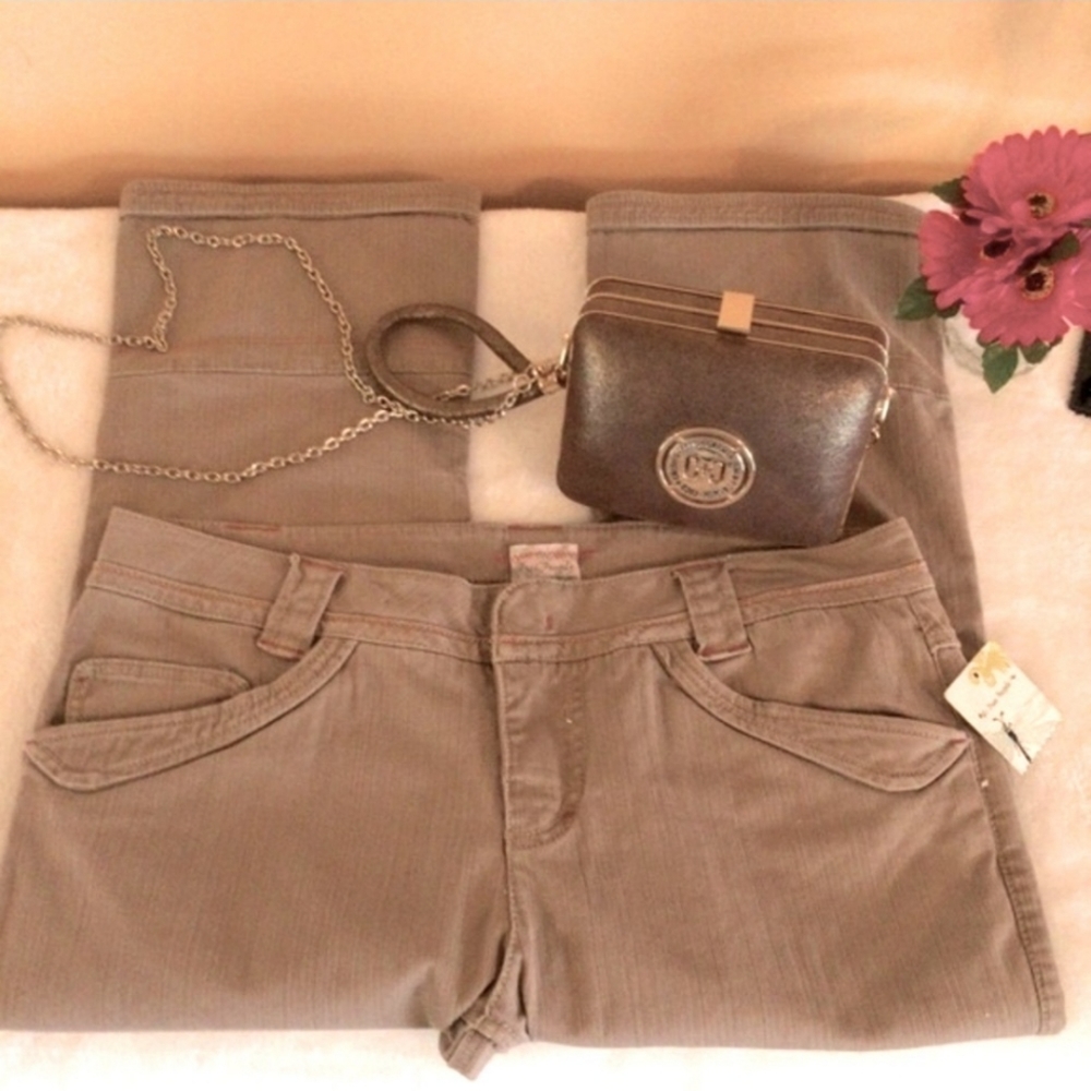 RARE NWT Free People Capri Tan Khaki Pants w/ Orange stitching Size 12 Low Rise
